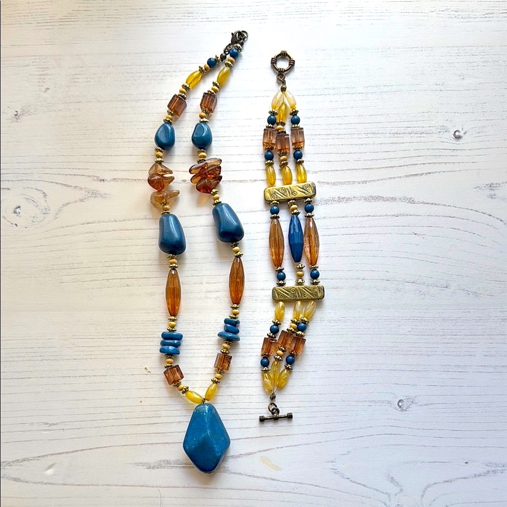 Vintage Blue and Amber Beaded Necklace and Bracelet Set